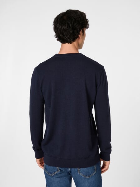 Heren Trui Merino Wol Navy, gepresenteerd op een model