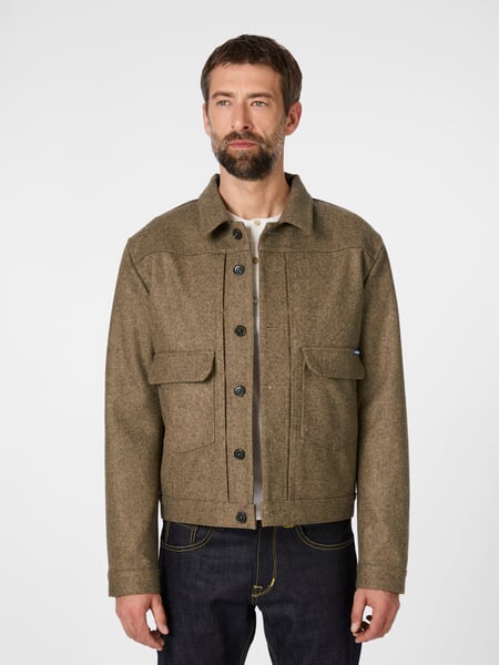 Blouson i uld til mænd Beige melange, præsenteret på en model