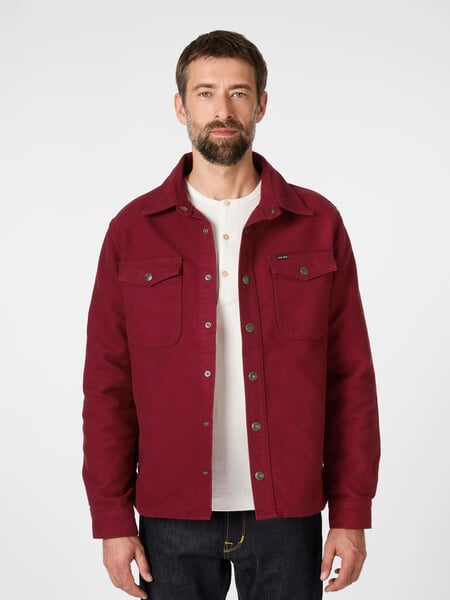 Mens shirt jacket moleskin Rusty red, presented on a model