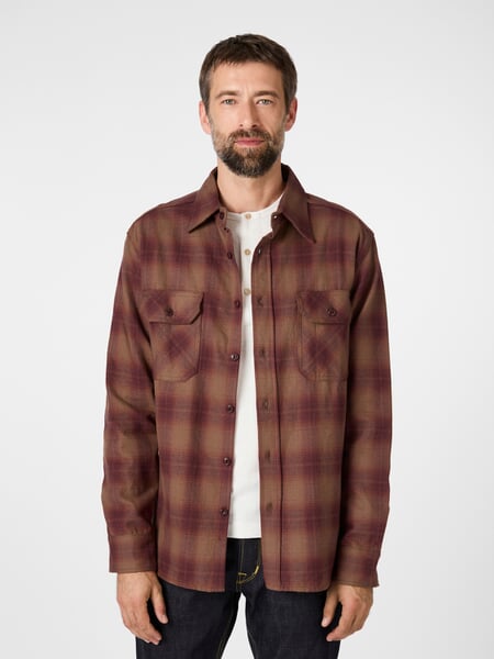 Men's flannel shirt Orange-red, presented on a model
