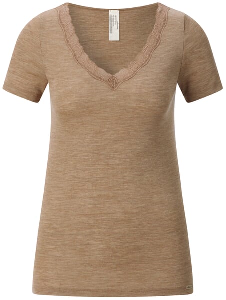 Kortærmet dame-T-shirt i uld og silke Camel