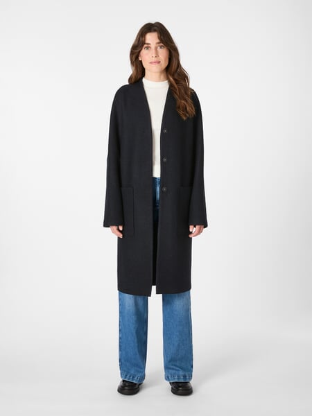 Ladies wool coat Black Blue, presented on a model