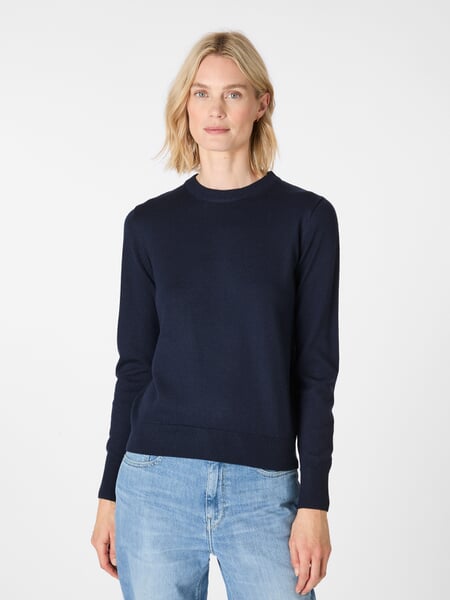 Dames Trui Merino Wol Donkerblauw, gepresenteerd op een model