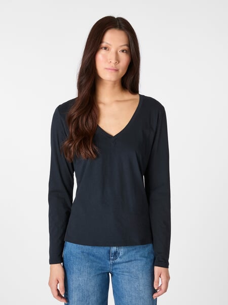 Damen-Longsleeve V-Ausschnitt Navy, Tragebild