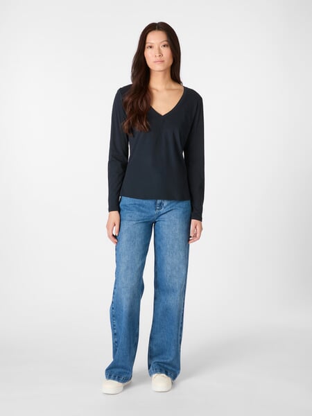 Damen-Longsleeve V-Ausschnitt Navy, Tragebild