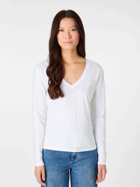 Damen-Longsleeve V-Ausschnitt Weiß, Tragebild