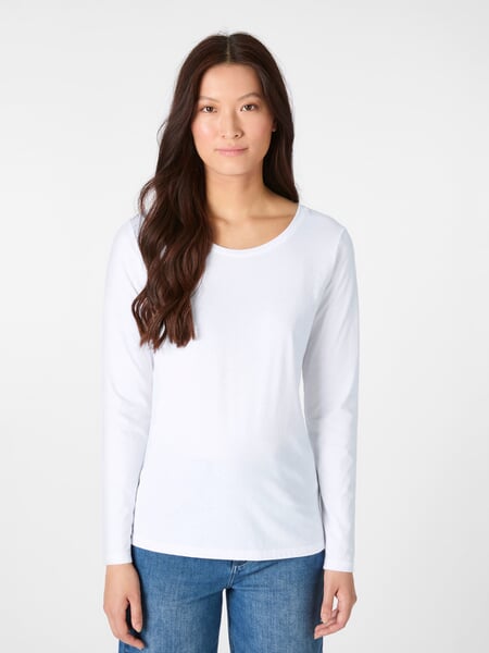 Langærmet dame-T-shirt med rund hals Hvid, præsenteret på en model