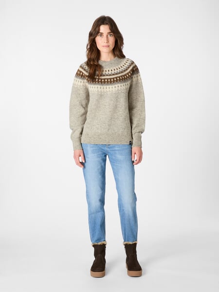 Women's Crew-Neck Sweater Gray-Caramel, presented on a model