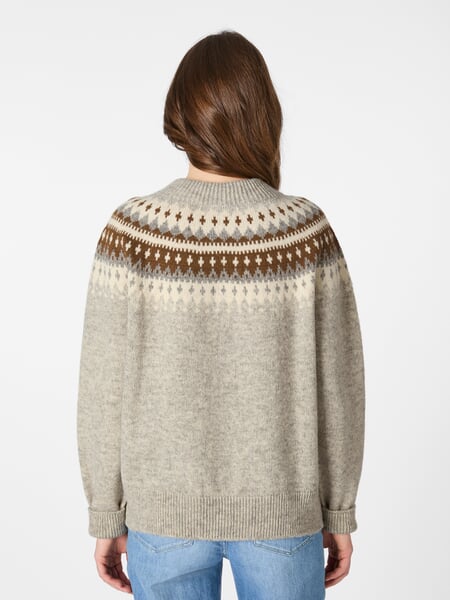 Women's Crew-Neck Sweater Gray-Caramel, presented on a model