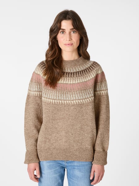 Women's Crew-Neck Sweater Beige-Rosé, presented on a model