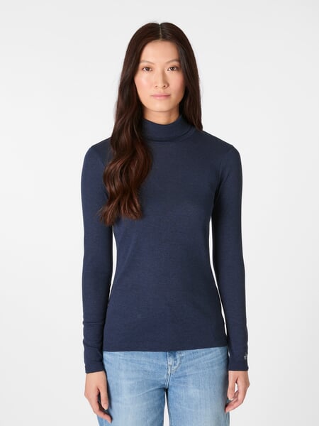 Dames-longsleeve gemêleerd Donkerblauw, gepresenteerd op een model