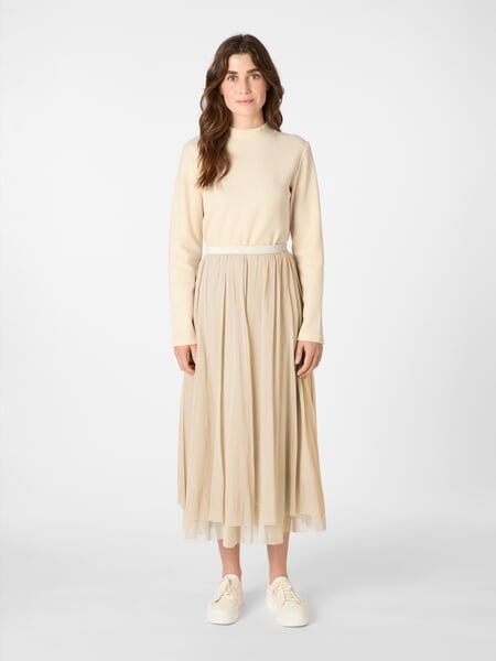 Ladies tulle skirt long Light beige, presented on a model