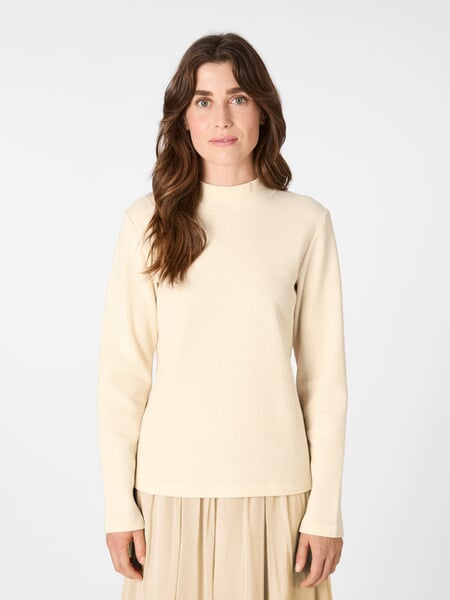 Women's Long-Sleeve Glitter Shirt Natural, presented on a model