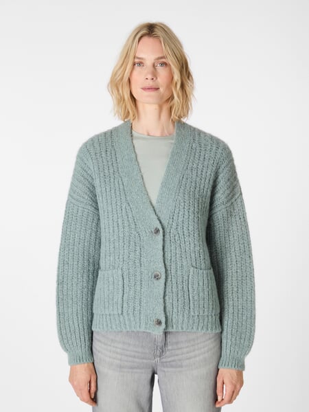 Women’s Button-Down Cardigan Petrol, presented on a model