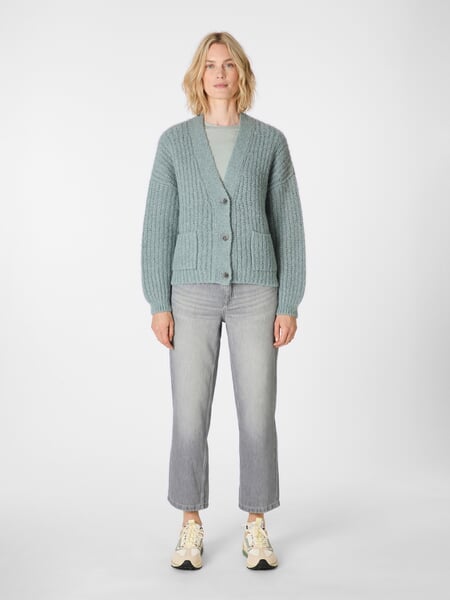 Women’s Button-Down Cardigan Petrol, presented on a model