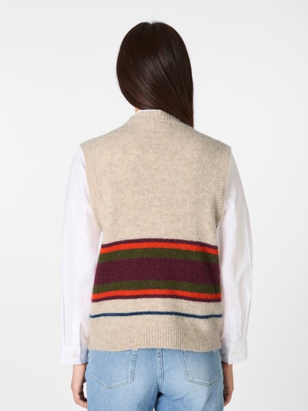 Women’s Striped Sleeveless Sweater Cream and burgundy, presented on a model