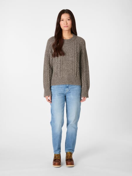 Women’s Alpaca Cable-Knit Sweater Taupe, presented on a model