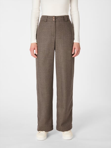 Pantalon pour femme en laine vierge Marron chiné, présenté sur un modèle