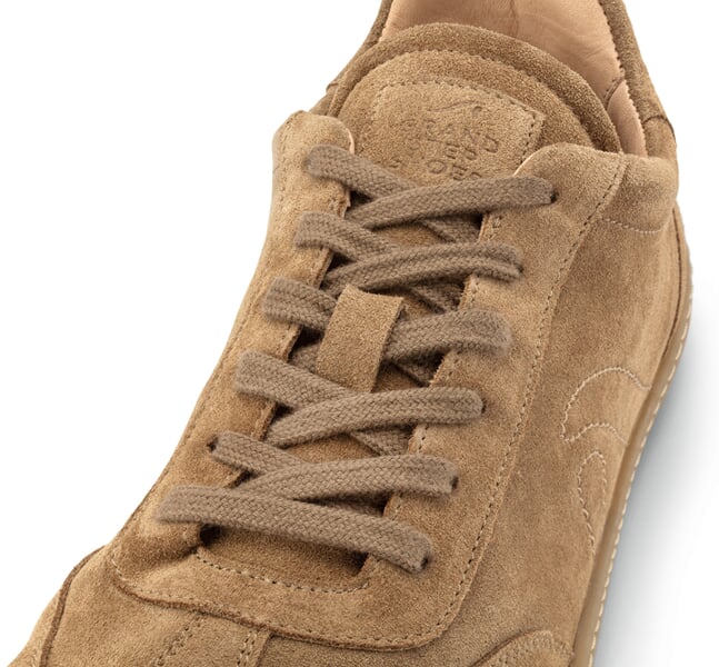 Unisex-Barfußschuh Suede Cognac, Detailsicht