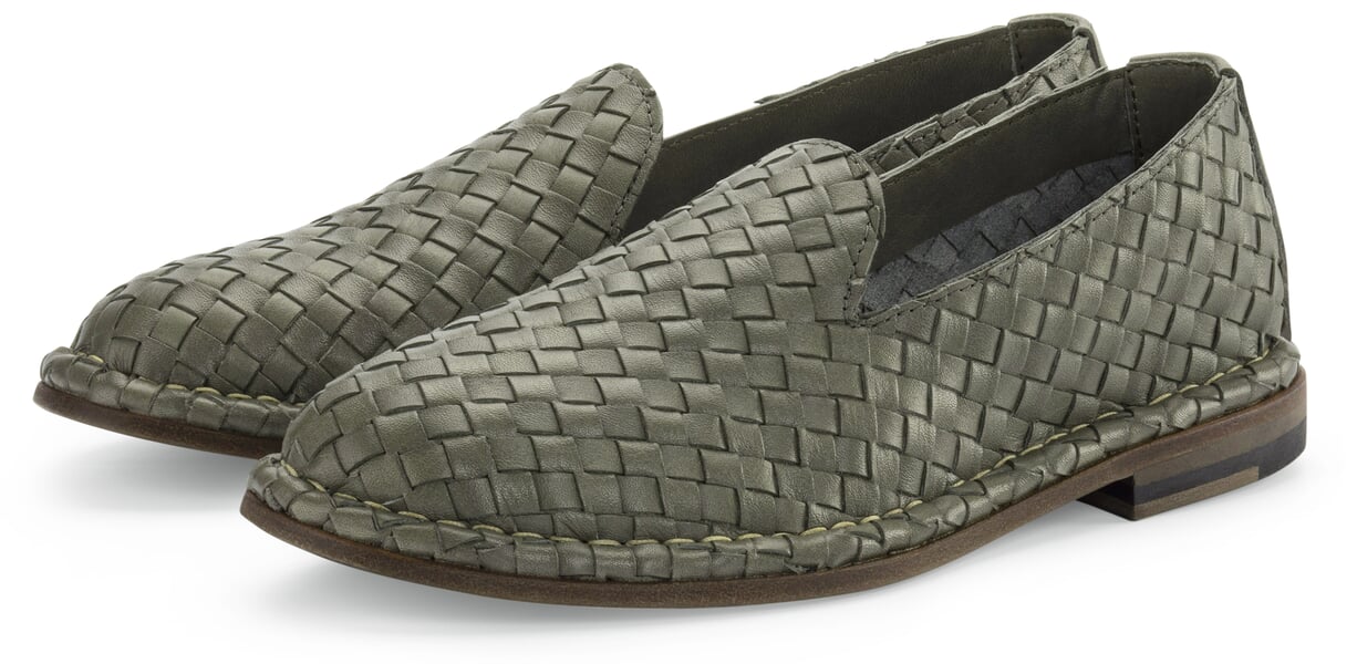 Damen-Lederslipper geflochten Oliv