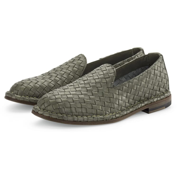 Damen-Lederslipper geflochten, Oliv