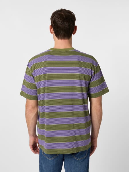 Men's striped shirt Olive green-purple, presented on a model