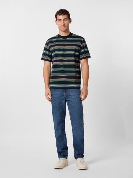 Herrenshirt gestreift Navy-Grün-Sand, Tragebild