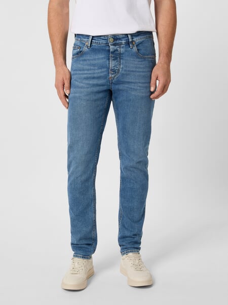 Men’s Jeans, Regular Slim Fit." Denim." Used, presented on a model
