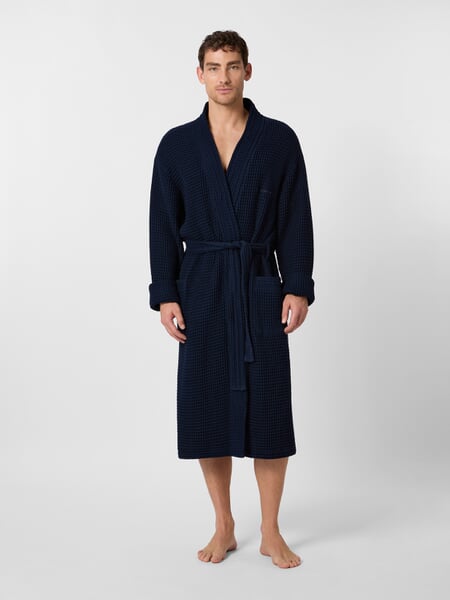 Unisex waffle piqué bathrobe Navy, presented on a model