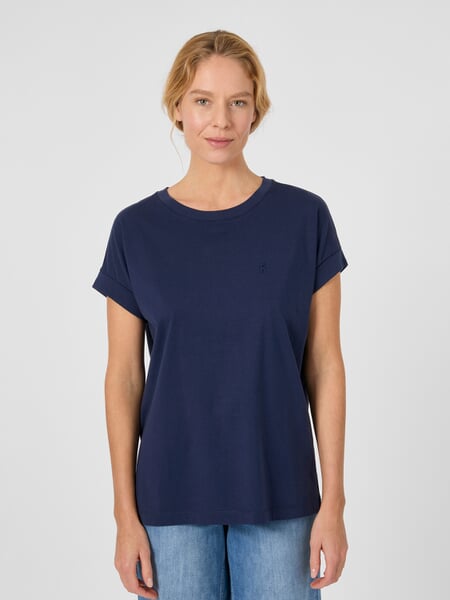 Dame-bomuldsskjorte Navy, præsenteret på en model