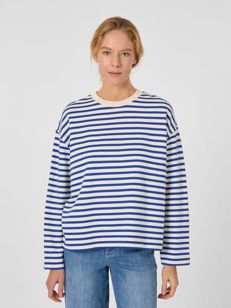 Gestreepte dames-sweater Blauw-naturel, gepresenteerd op een model
