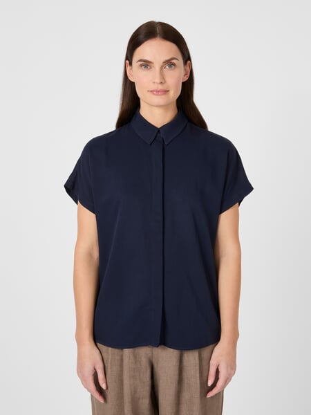 Women's Short-Sleeve Blouse Navy, presented on a model