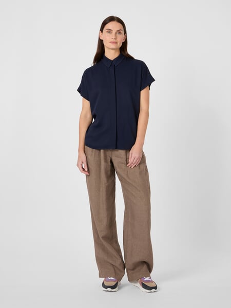 Women's Short-Sleeve Blouse Navy, presented on a model