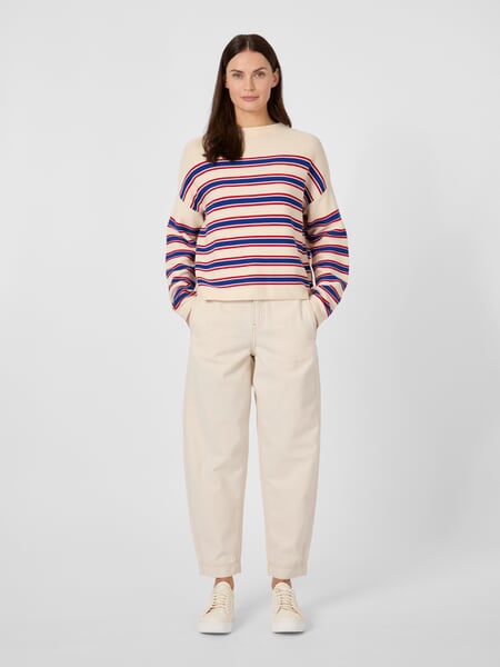 Women’s Striped Knit Sweater Red-Blue, presented on a model