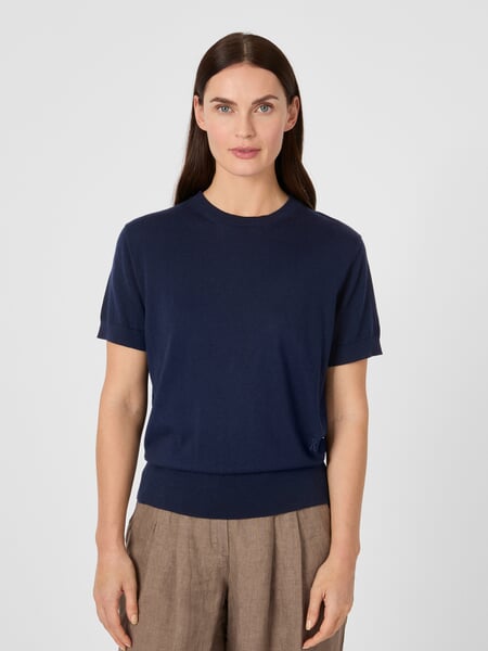 Women's Knit Shirt Navy, presented on a model