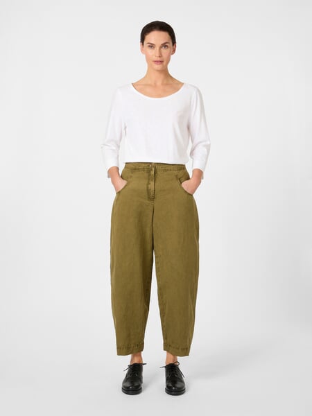 Women's Fabric Pants Ochre, presented on a model