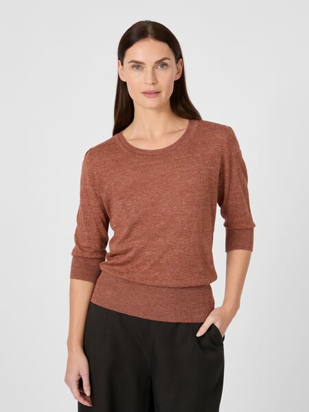 Women’s Knitted Shirt, Three-Quarter Sleeve Rust, presented on a model
