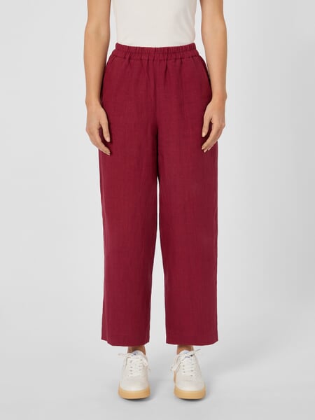 Women's Linen Pants Wine red, presented on a model