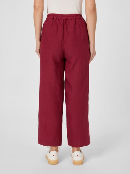 Women's Linen Pants Wine red, presented on a model