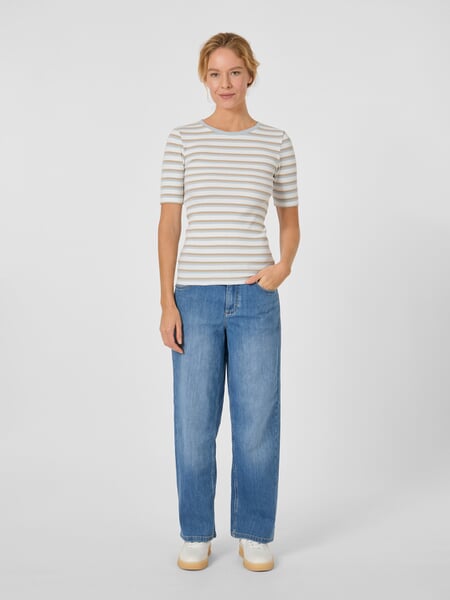 Women's Striped Ribbed T-Shirt Light Blue and White, presented on a model