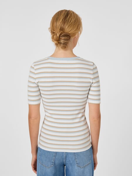 Women's Striped Ribbed T-Shirt Light Blue and White, presented on a model