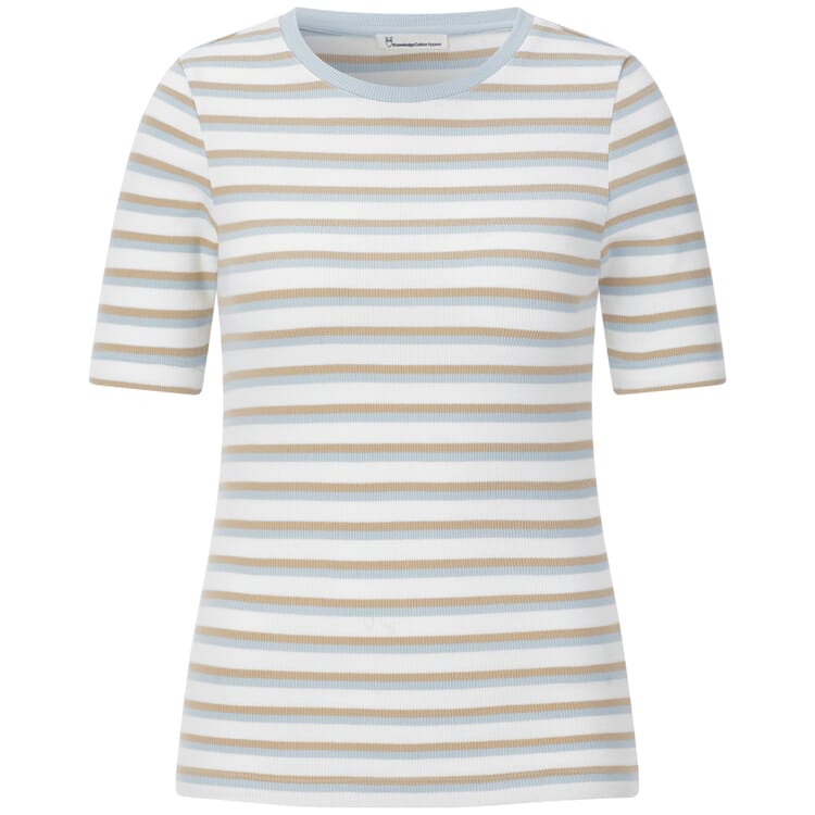T-shirt rayé à côtes pour femme, Bleu clair-Blanc