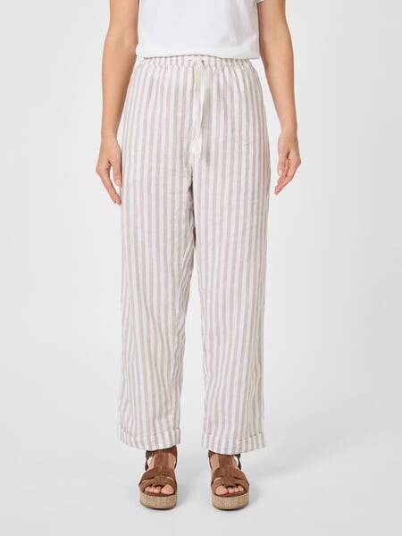 Women's striped fabric trousers Natural white, presented on a model