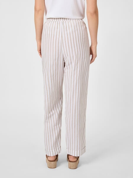 Women's striped fabric trousers Natural white, presented on a model