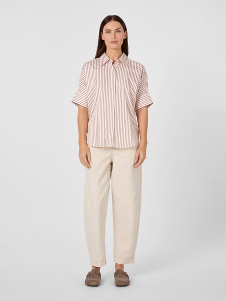 Women's Cotton Satin Blouse White-Red, presented on a model