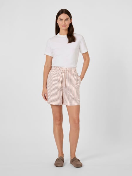 Women’s Cotton Satin Shorts White-Red, presented on a model