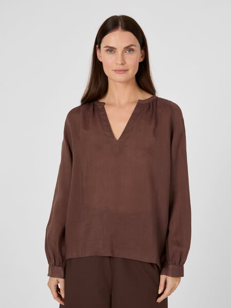Women's Ramie Pull-On Blouse Brown, presented on a model
