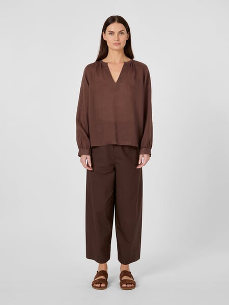 Women's Ramie Pull-On Blouse Brown, presented on a model