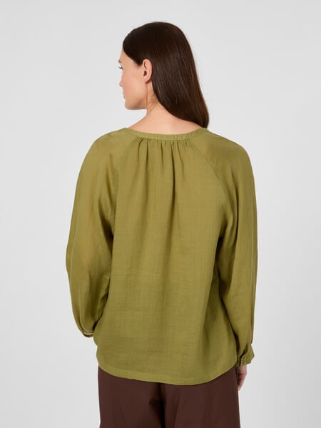 Women's Ramie Pull-On Blouse Olive, presented on a model