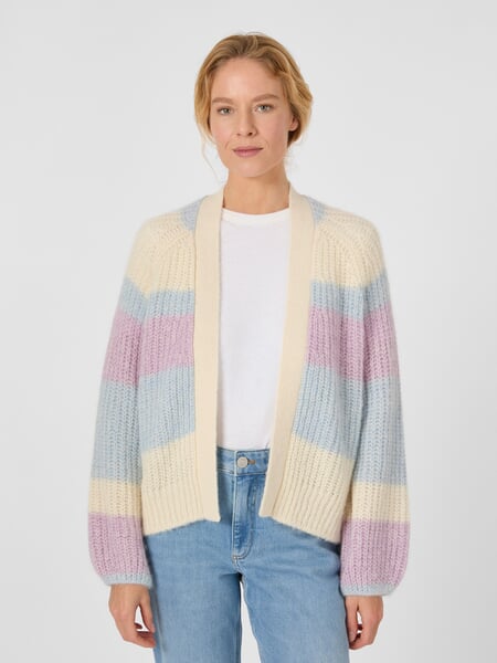 Damen-Cardigan Streifen Hellblau-Lila, Tragebild